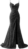 Spaghetti Straps Sequin Prom Dresses for Women 2027 Mermaid Ruched Formal Dress with Slit Sparkly Evening Party Gown