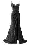 Spaghetti Straps Sequin Prom Dresses for Women 2027 Mermaid Ruched Formal Dress with Slit Sparkly Evening Party Gown
