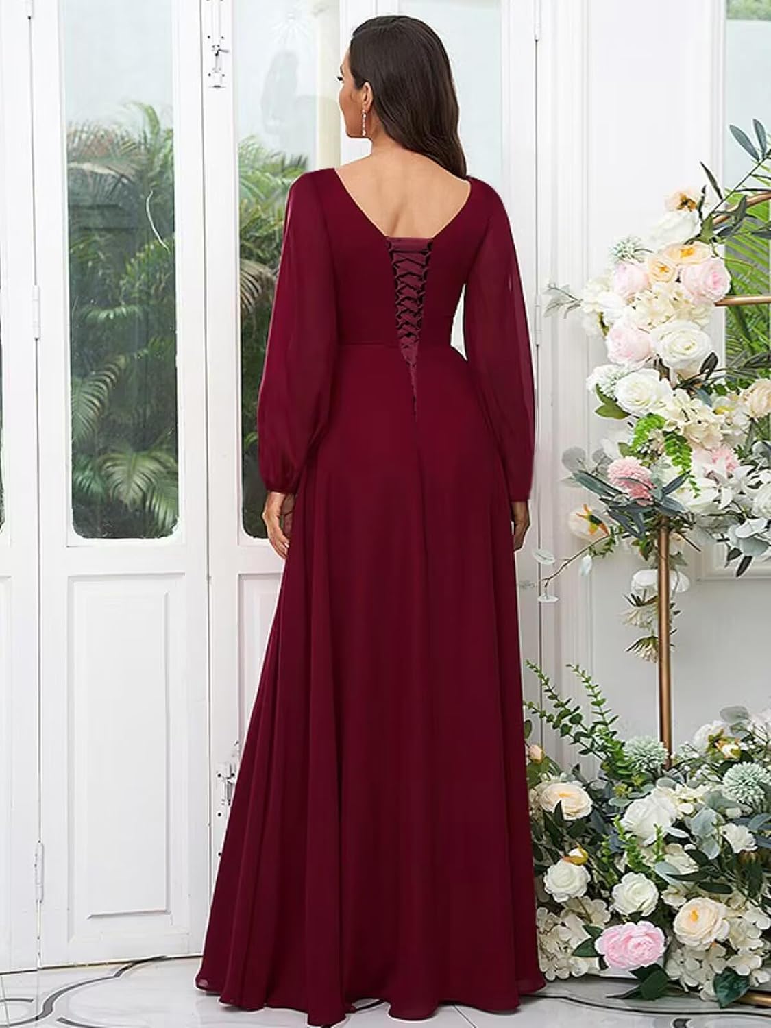 Long Sleeve Bridesmaid Dresses for Women 2025 V Neck Ruched Chiffon Formal Dress