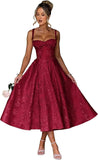 Satin Jacquard Prom Dress with Bow Tea Length Floral Midi Formal Evening Party Gown Tea-Length for Women Engagement Gown