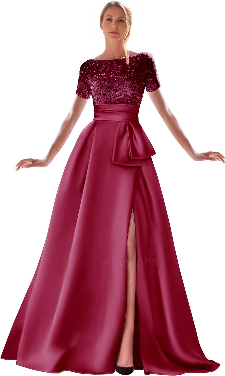 Kingbridal Gowns Short Sleeve Sequin Prom Dresses for Women 2026 Satin A-Line Sparkly Formal Evening Party Ball Gowns with Slit