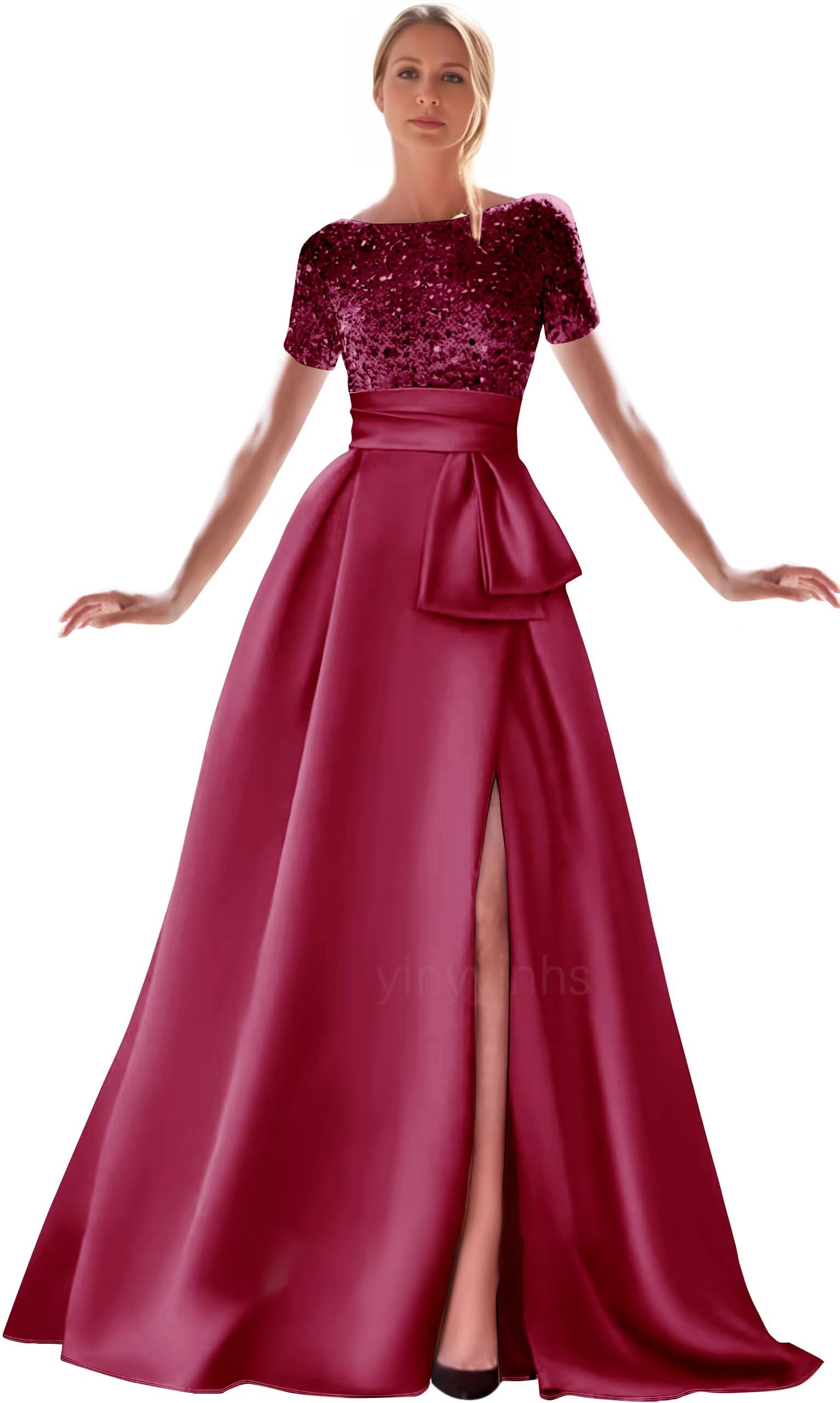 Kingbridal Gowns Short Sleeve Sequin Prom Dresses for Women 2026 Satin A-Line Sparkly Formal Evening Party Ball Gowns with Slit