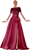 Kingbridal Gowns Short Sleeve Sequin Prom Dresses for Women 2026 Satin A-Line Sparkly Formal Evening Party Ball Gowns with Slit
