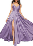 Satin Bridesmaid Dresses for Women Spaghetti Straps Wedding Guest Dress Long V Neck Formal Gown with Slit