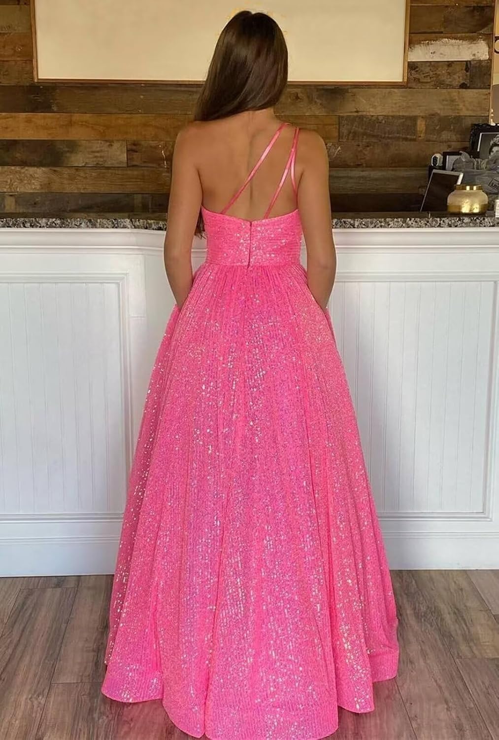 One Shoulder Sequin Prom Dresses for Women 2027 Sparkly Long A-Line Formal Evening Party Ball Gowns with Pockets