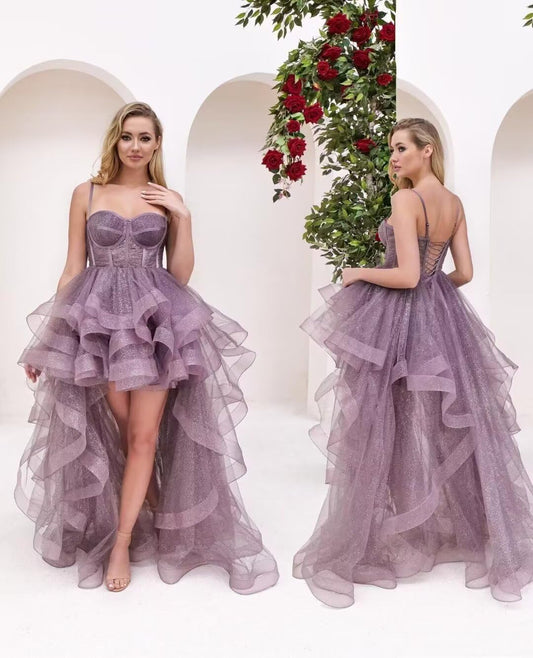 Spaghetti Cocktail Party Dress for Women High-Low Ruffled Summer Dress Long Trailing Prom Ball Gown