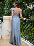 Cap Sleeve Bridesmaid Dresses for Women Long V Neck Ruffled Split Glittery Long Formal Evening Dress with Pocket