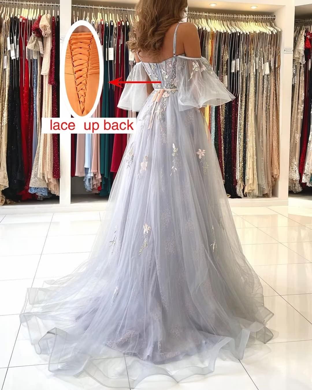 Vestidos de fiesta de tul con hombros descubiertos para adolescentes, vestidos formales con apliques de encaje, vestido de fiesta de noche formal de línea A
