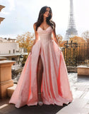 Satin Spaghetti Straps Prom Dresses for Women Jacquard Aline Backless Formal Evening Party Ball Gowns with Pockets
