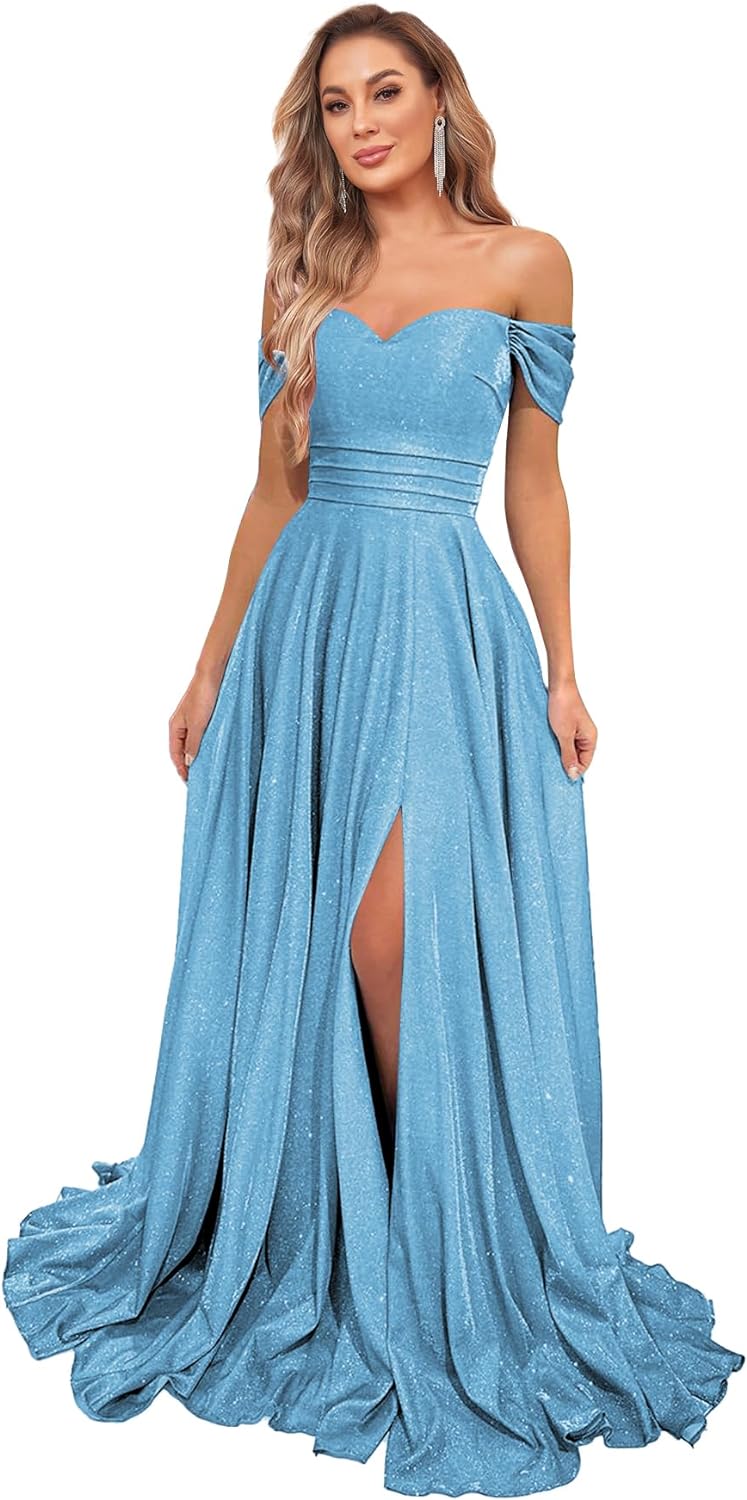 Women's Glittery Prom Dresses Long Ball Gown Off Shoulder High Slit Formal Evening Gowns with Pockets