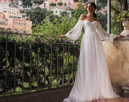 Schulterfreies Ballkleid, langärmliges formelles Kleid für Damen, plissiertes A-Linien-Abendkleid