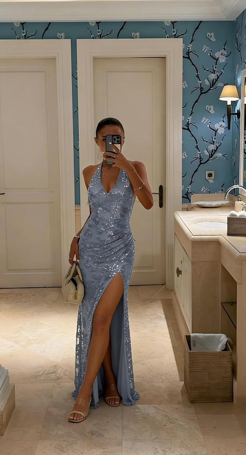 Women's Sequin Halter Prom Dresses with Split Long Mermaid Ruched Formal Evening Gowns 2026