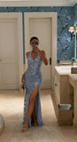 Women's Sequin Halter Prom Dresses with Split Long Mermaid Ruched Formal Evening Gowns 2026