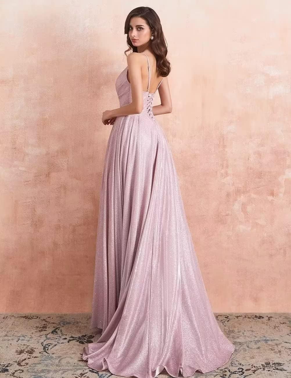 Women's Spaghetti Straps Prom Dresses Long V-Neck Sparkling Bridesmaid Dresses Formal Evening Gowns with High Slit