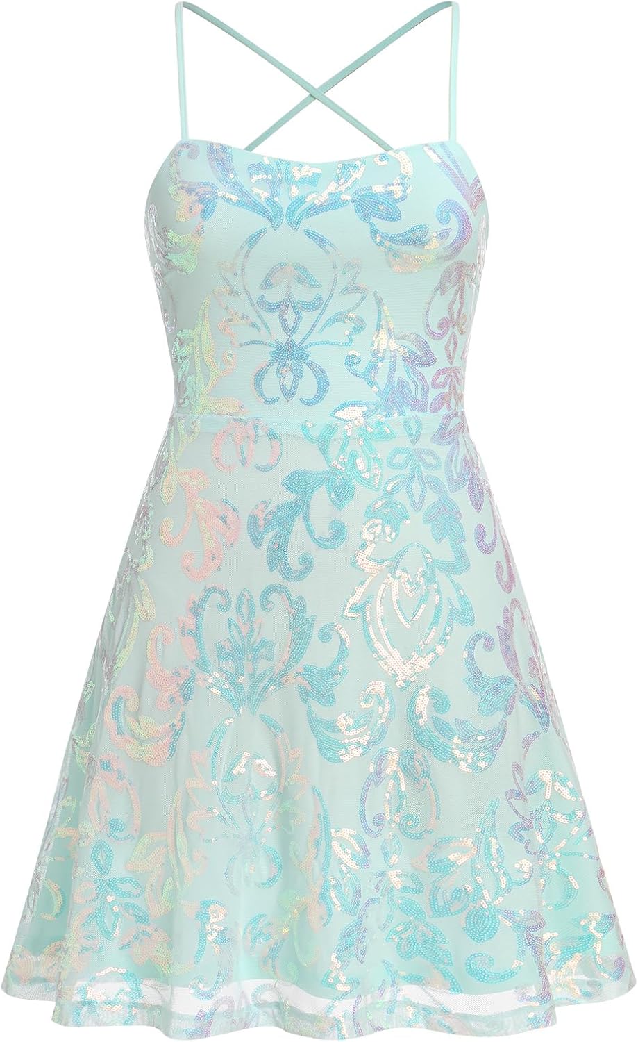 Women's Spaghetti Straps Sparkly Sequins A Line Swing Party Nightclub Dance Mini Dress Above Knee Length