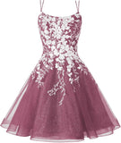 Sparkly Lace Applique Homecoming Dresses for Teens Short Corset Tulle Spaghetti Strap Prom Cocktail Party Dress