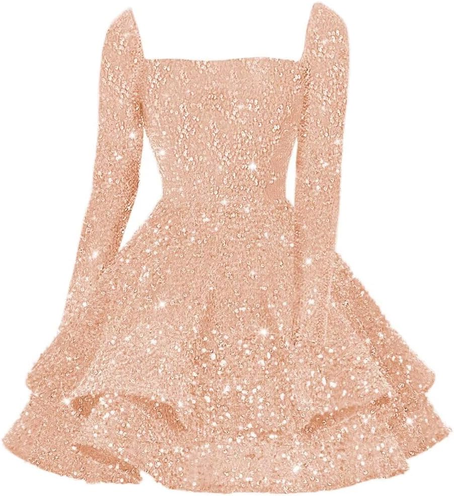 Sequin Short Homecoming Dress for Teen Sparkly Long Sleeve Prom Sweet 16 Dresses Cocktail Gowns