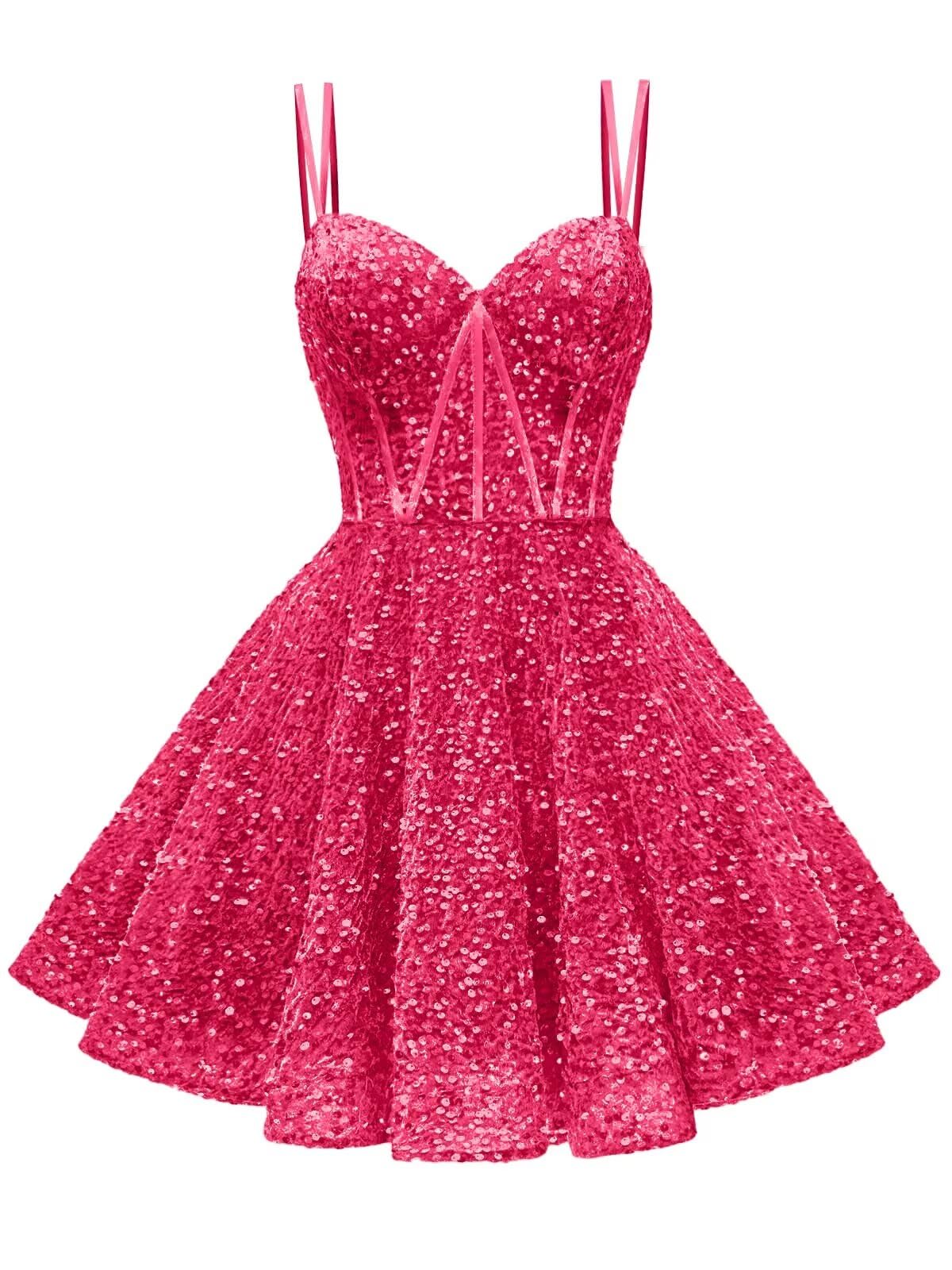 Kingbridal Gowns Sparkly Sequin Homecoming Dresses for Teens 2027 Flowy Spaghetti Straps A-Line Short Formal Prom Dress with Pockets