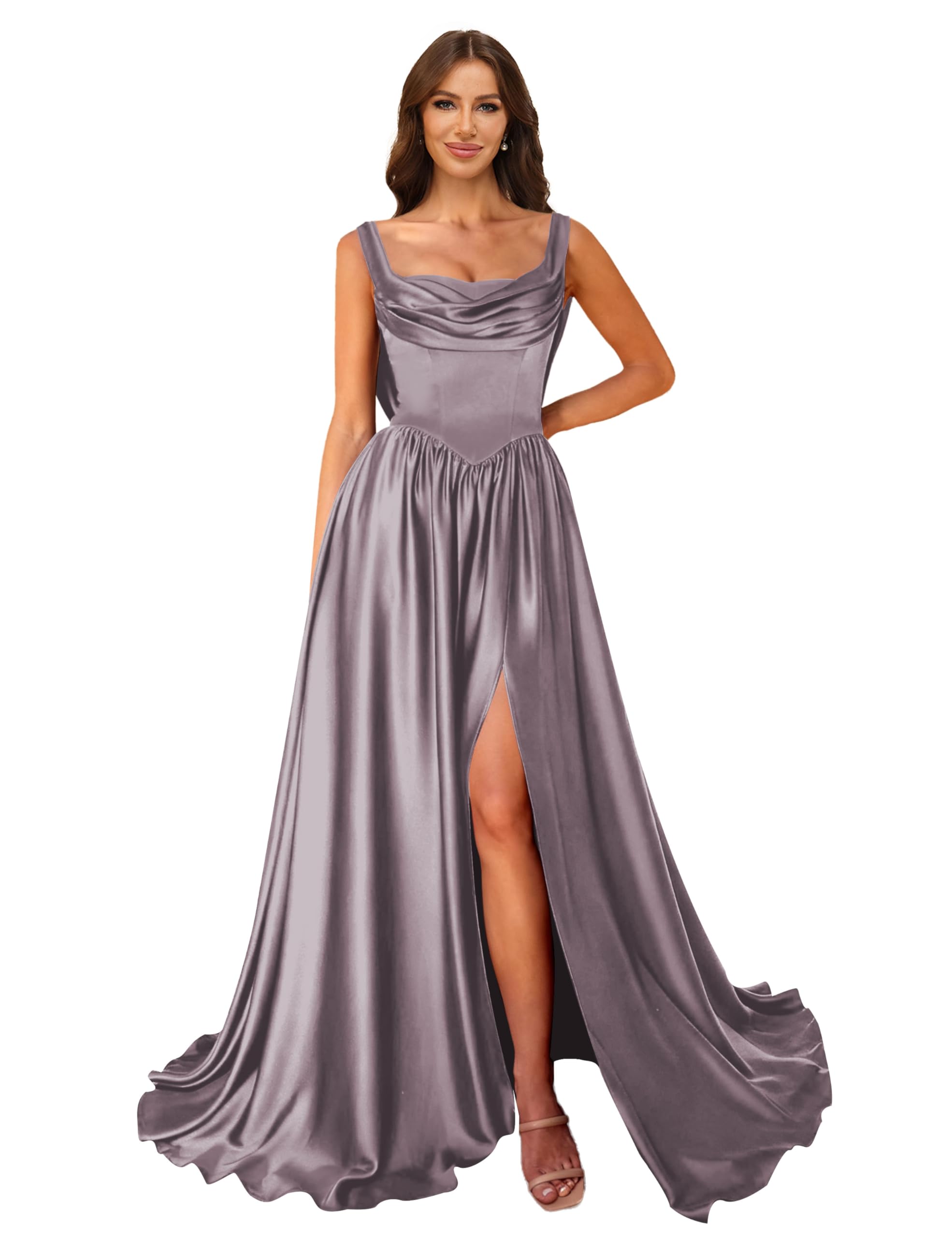 Cowl Neck Satin Prom Dresses Corset Ball Gown Long Puffy A-Line Formal Evening Gown with Slit