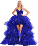 Puffy Sequins Tulle High-Low Prom Dresses for Women 2027, Glitter V Neck Formal Ball Gown Wedding Party Dress