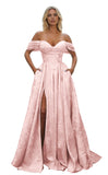 Off Shoulder Long Prom Dress 2026 Floral Satin A-Line Corset Ball Formal Evening Gown with Slit