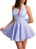 Jacquard Corset Dress,Deep V Halter Mini Dresses with Bow Back,Sexy Birthday Outfits Women Homecoming Prom Formal