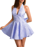 Jacquard Corset Dress,Deep V Halter Mini Dresses with Bow Back,Sexy Birthday Outfits Women Homecoming Prom Formal