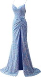 Spaghetti Straps Sequin Prom Dresses for Women 2027 Mermaid Ruched Formal Dress with Slit Sparkly Evening Party Gown