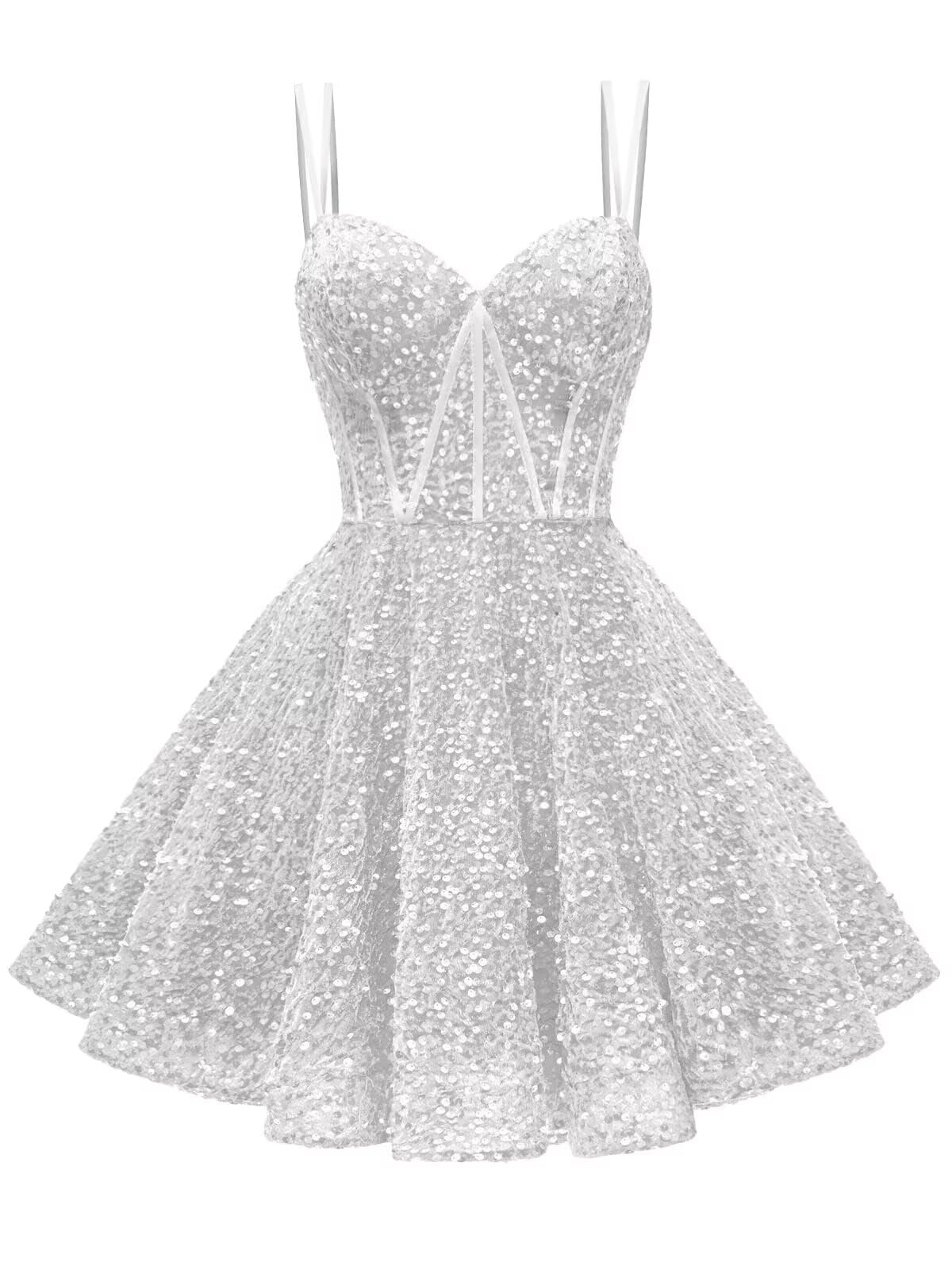 Kingbridal Gowns Sparkly Sequin Homecoming Dresses for Teens 2027 Flowy Spaghetti Straps A-Line Short Formal Prom Dress with Pockets