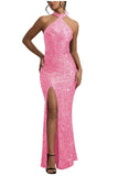 Sequin Mermaid Prom Dresses for Women Long Sparkly Halter-Neck Tight Backless Formal Evening Party Gowns with Slit