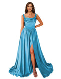 Cowl Neck Satin Prom Dresses Corset Ball Gown Long Puffy A-Line Formal Evening Gown with Slit