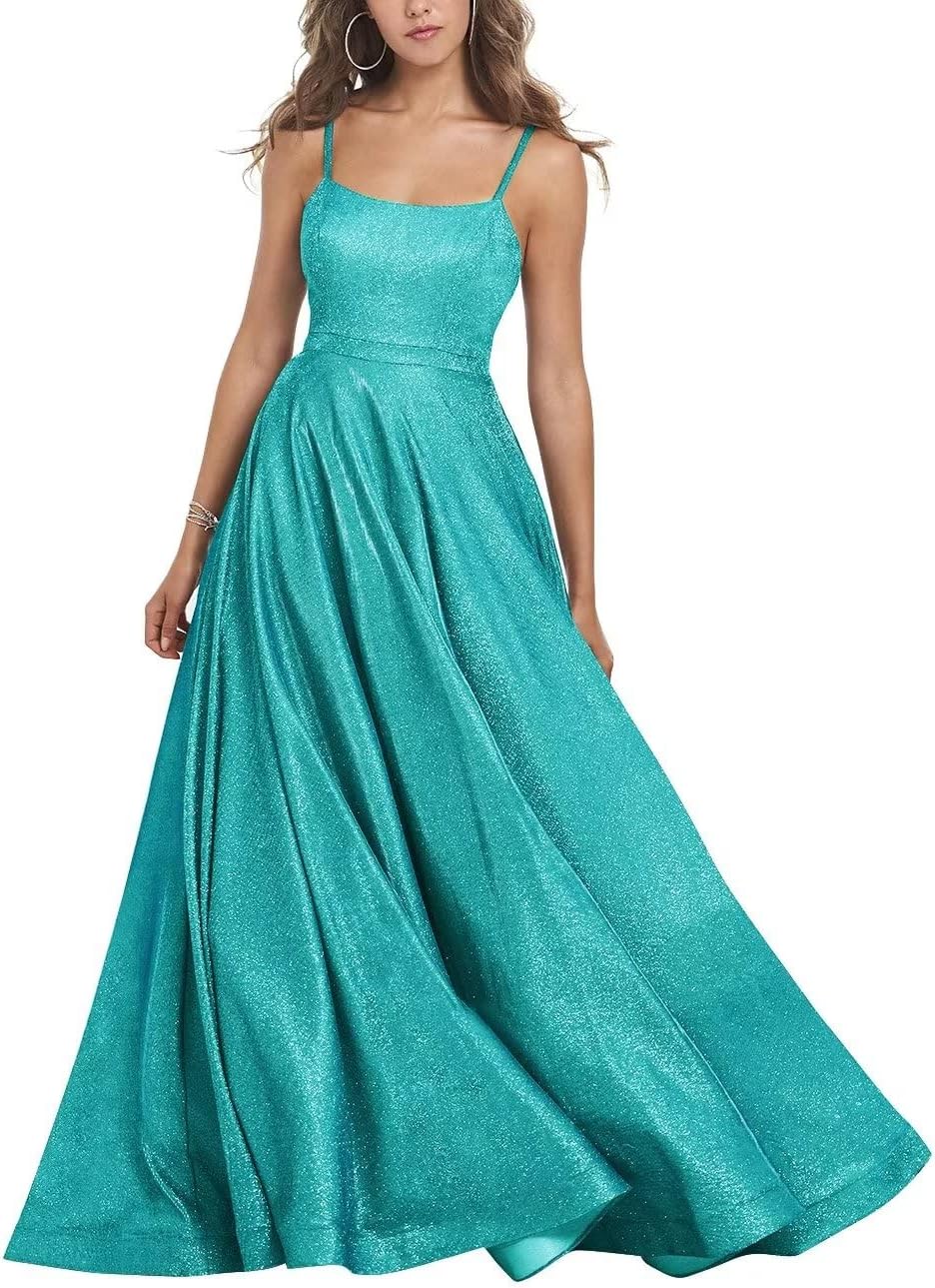 Women's Glitter Prom Dresses Long Ball Gown Spaghetti Straps Neck Formal Evening Party Dress for Teens