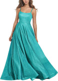 Women's Glitter Prom Dresses Long Ball Gown Spaghetti Straps Neck Formal Evening Party Dress for Teens