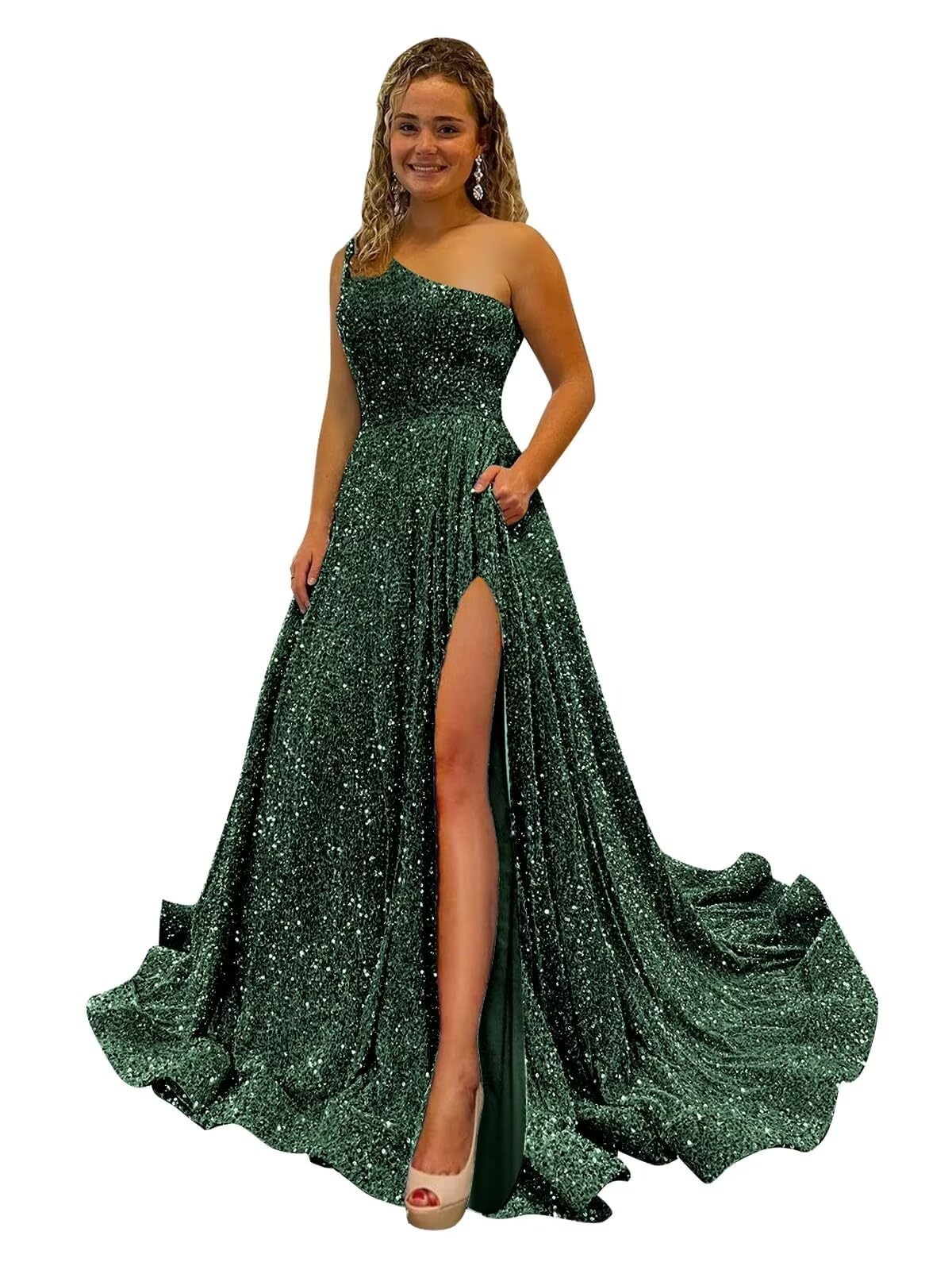 One Shoulder Sequin Prom Dresses for Women Long Sparkly A-Line Slit Formal Evening Party Ball Gowns with Pockets