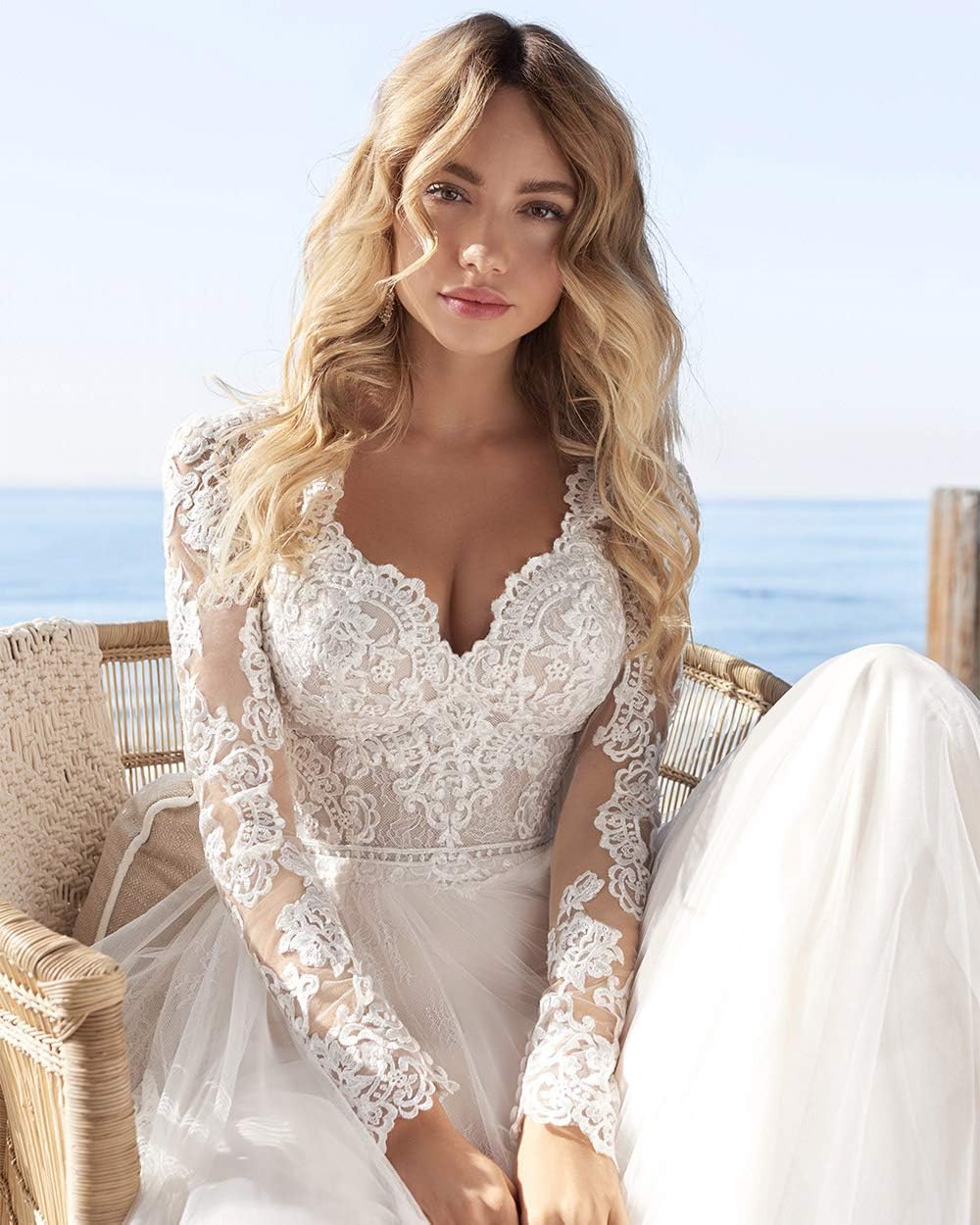 Women's Elegant Lace Beach Wedding Dresses for Bride 2025 with Sleeves Wedding Bridal Gowns