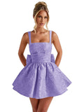 Satin Jacquard Homecoming Dress with Bow Short A-Line Mini Prom Cocktail Party Gown