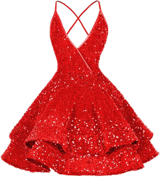 Vestidos de fiesta cortos con lentejuelas brillantes para adolescentes, sexy, con tirantes finos, vestido de fiesta, vestido de cóctel con cuello halter 