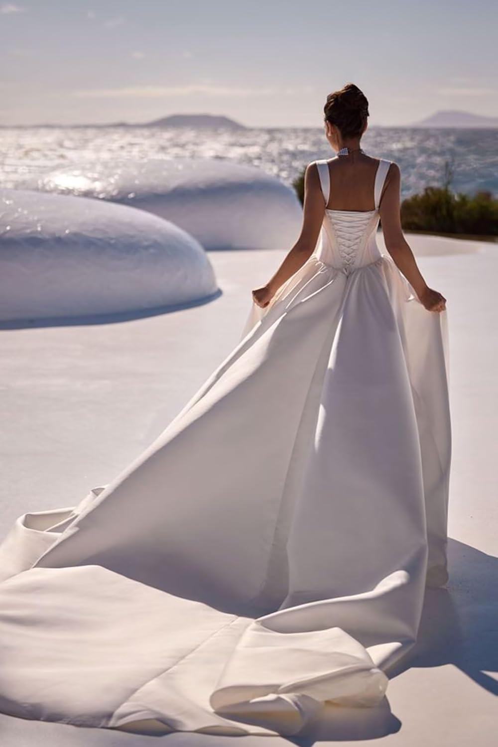 Spaghetti Straps Satin Wedding Dress for Bride 2027 A Line V Neck Bridal Gowns with Train