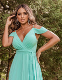 Schulterfreie Brautjungfernkleider 2025 für Frauen, langes Chiffon-Abendkleid mit V-Ausschnitt und Schlitz