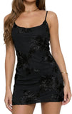 Summer Women's Floral Embroidered Mini Dress Spaghetti Strap Mesh Bodycon Formal Cocktail Dresses in Wine Red/Black/Apricot