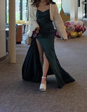 Women's Off Shoulder Mermaid Prom Dresses Long with Slit Pleates Wrap Satin Formal Evening Gowns