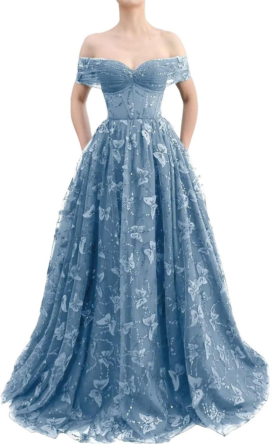 Sparkly Off Shoulder Tulle Prom Dresses with Butterfly Appliques Long A Line Formal Evening Party Gowns for Women