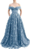 Sparkly Off Shoulder Tulle Prom Dresses with Butterfly Appliques Long A Line Formal Evening Party Gowns for Women