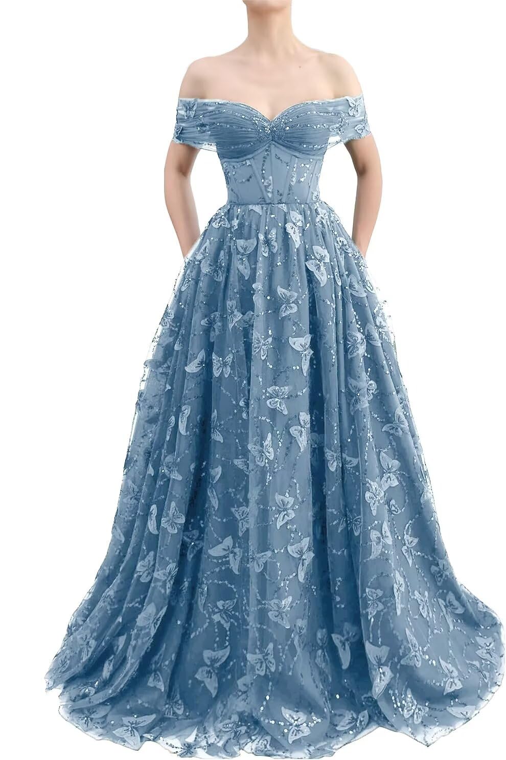 Sparkly Off Shoulder Tulle Prom Dresses with Butterfly Appliques Long A Line Formal Evening Party Gowns for Women