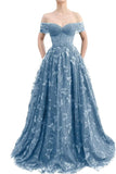 Sparkly Off Shoulder Tulle Prom Dresses with Butterfly Appliques Long A Line Formal Evening Party Gowns for Women