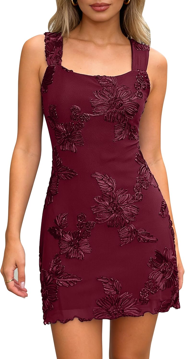 Women's Embroidered Floral Mini Dress Summer 2026 Sleeveless Square Neck Mesh Short Dresses Cocktail Party Going Out