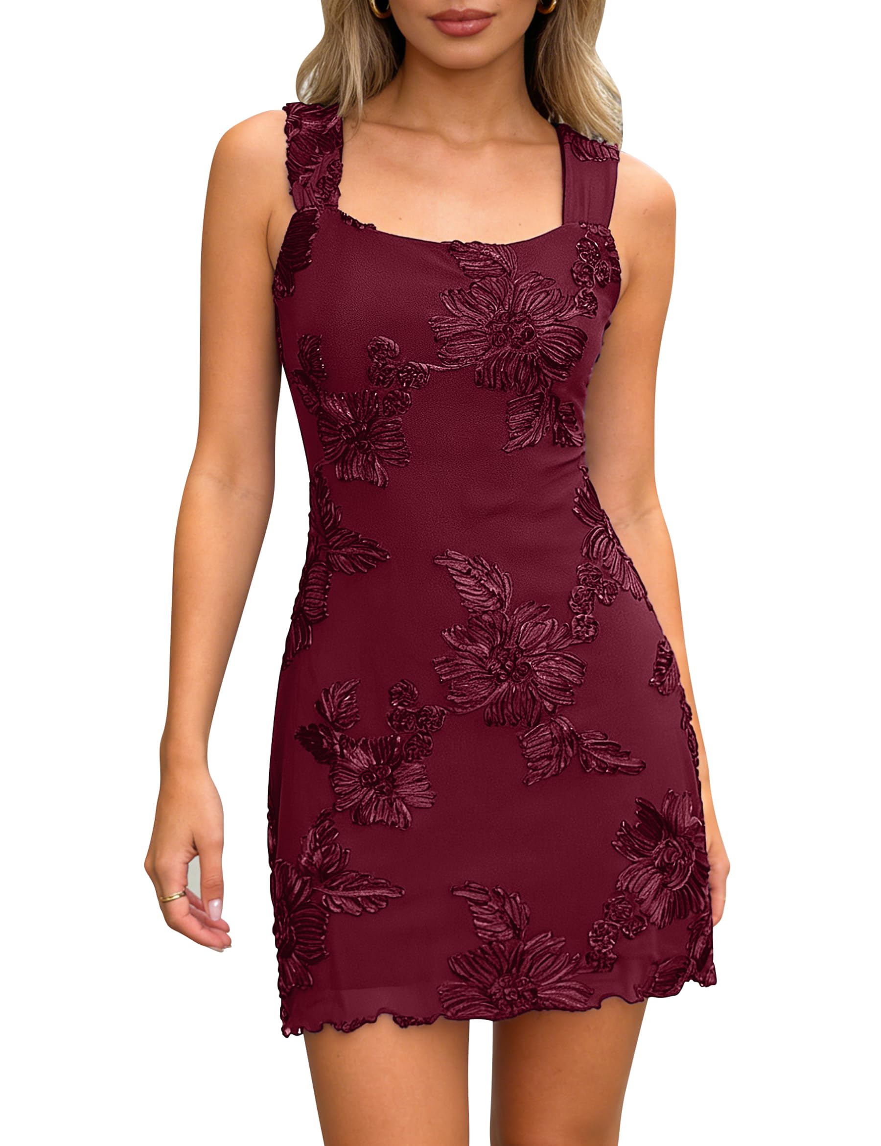 Women's Embroidered Floral Mini Dress Summer 2026 Sleeveless Square Neck Mesh Short Dresses Cocktail Party Going Out
