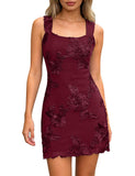 Women's Embroidered Floral Mini Dress Summer 2026 Sleeveless Square Neck Mesh Short Dresses Cocktail Party Going Out
