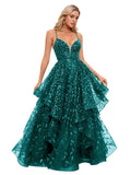 Spaghetti Strap Prom Dresses for Women V Neck Sparkly Sequin Tulle Tiered Ball Gown Long Formal Evening Dress