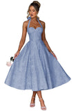Jacquard Satin Prom Dresses for Women Vintage A-Line Midi Halter Sweetheart Formal Evening Party Gowns with Pockets